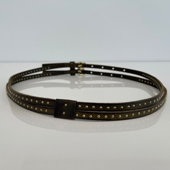 KHAKI STUDDED LEATHER DOUBLE BUCKLE BELT main image 5